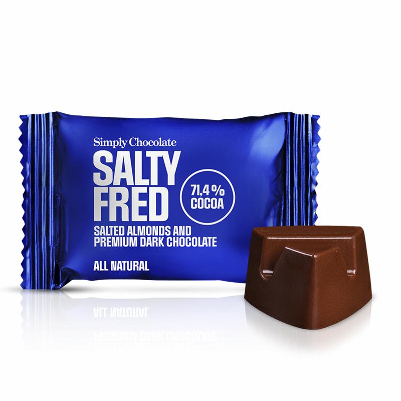 Chokolade Bites med karamel og hakkede saltede mandler , Salty Fred 10g. 